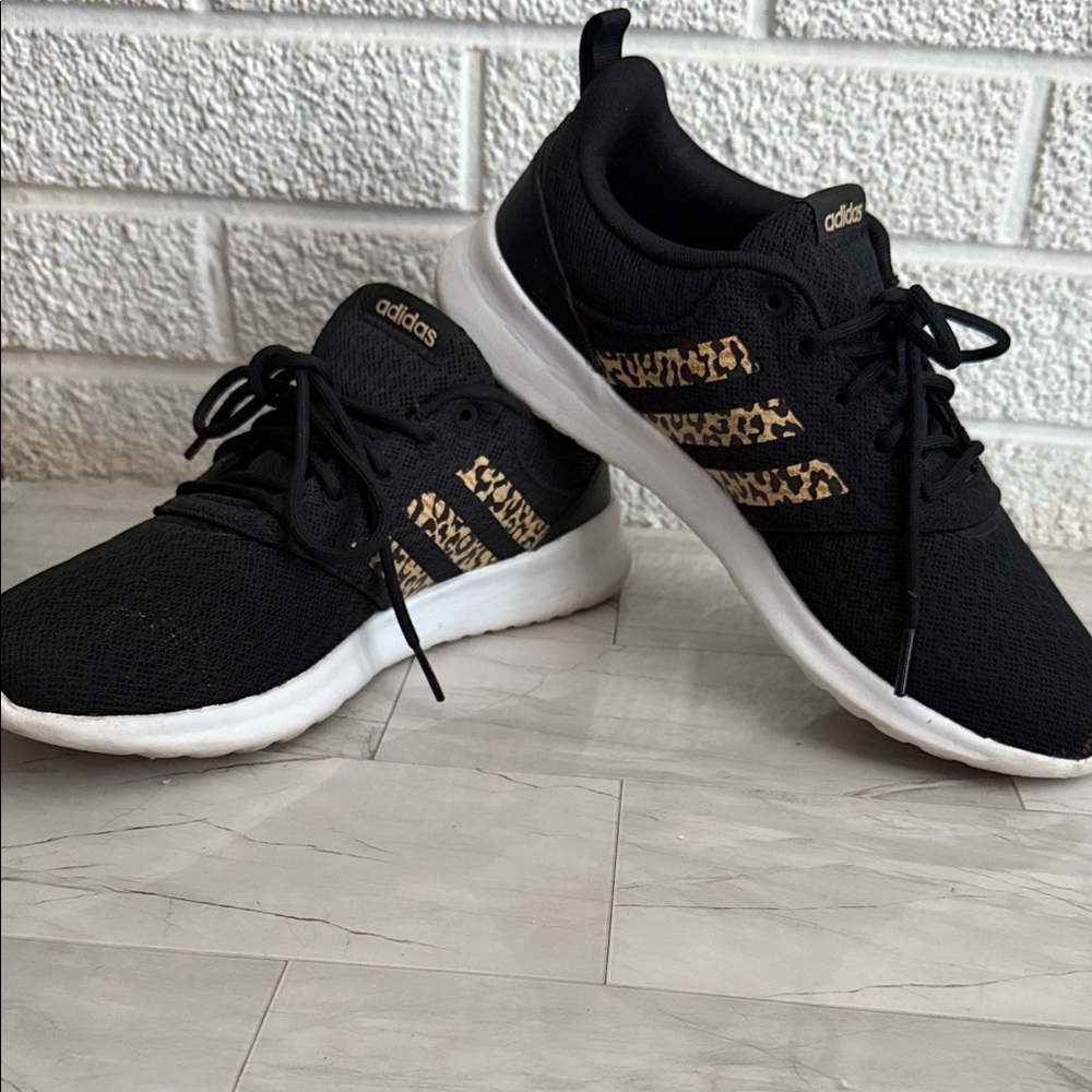 Adidas Black Sneakers with Gold Leopard Print with Cloudfoam Comfort